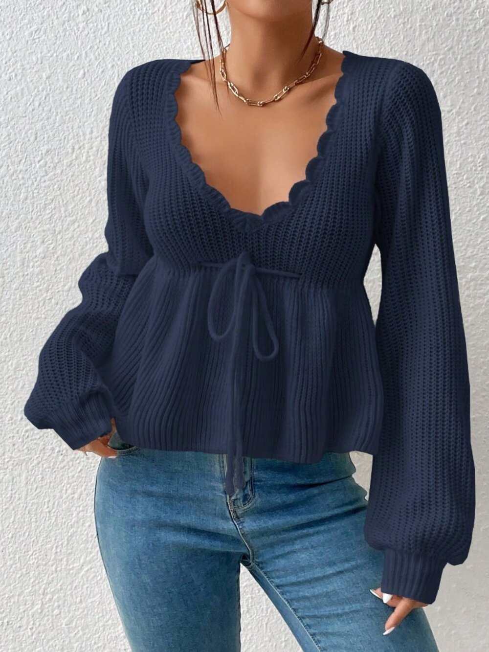 Royal Blue Casual Women's V-Neck Tie-Waist Long Sleeve Sweater